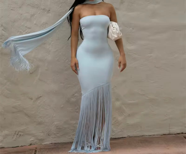 Women Sexy Strapless Scarf Fringe Tassel Maxi Dress