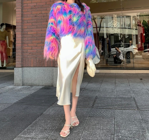 Women Fashion Colorful Faux Fur Crop Jacket