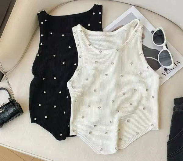 Women Sleeveless Fashion Ribbed Rhinestone Tank Top