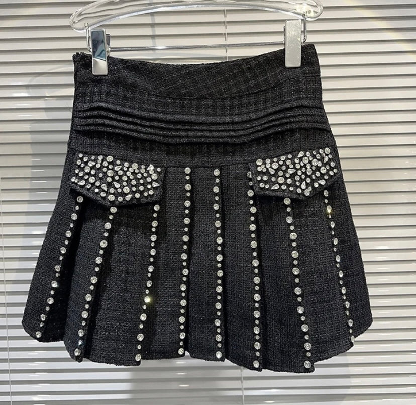 Women Fashion Rhinestone Tweed Pleated Skirt