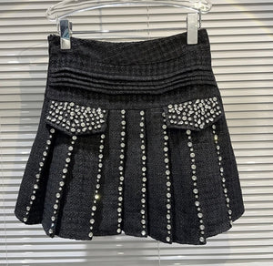 Women Fashion Rhinestone Tweed Pleated Skirt