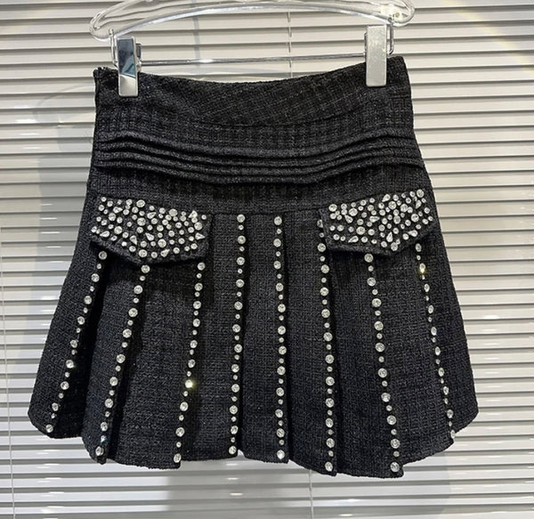 Women Fashion Rhinestone Tweed Pleated Skirt
