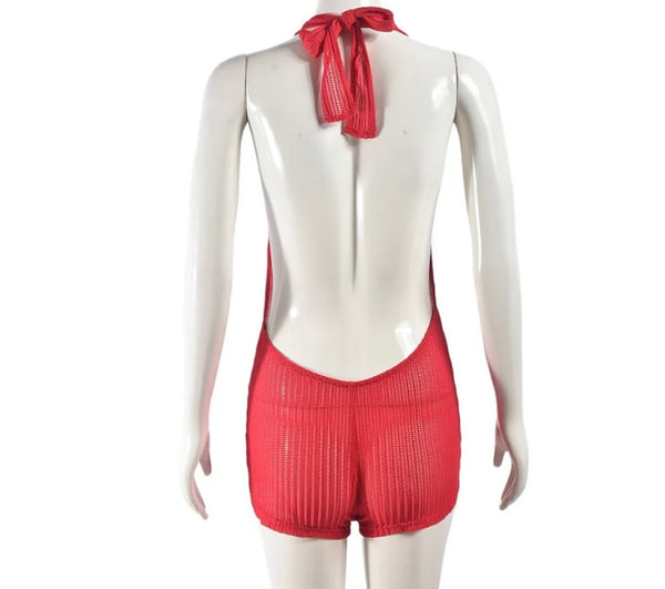 Women Sexy Red Halter Sleeveless See Through Romper