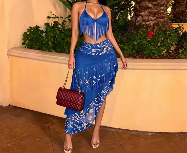 Women Sexy Halter Sleeveless Printed Tassel Two Piece Skirt Set