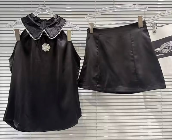 Women Sexy Rhinestone Collar Sleeveless Two Piece Skirt Set