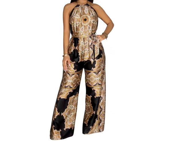 Women Sexy Printed Halter Sleeveless Open Back Two Piece Pant Set