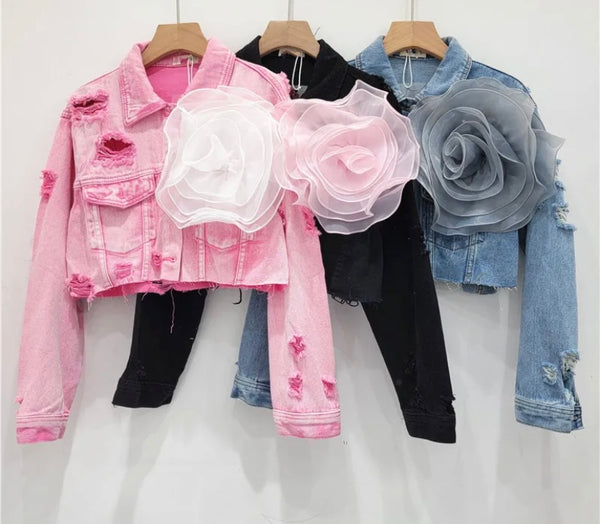 Women Fashion Ripped Floral Denim Jacket