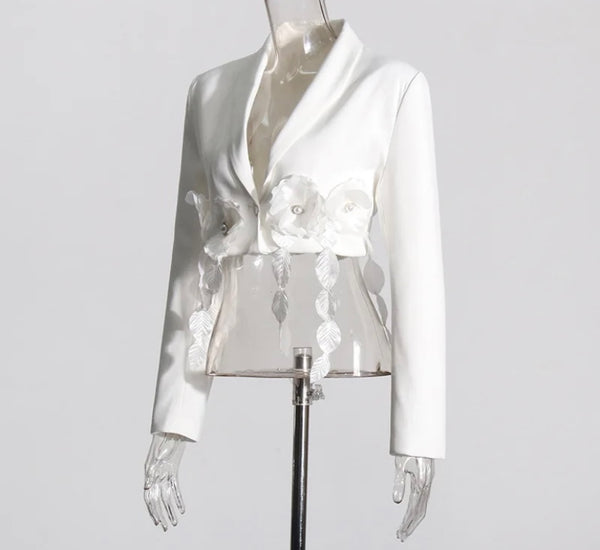 Women White Floral Patchwork Crop Blazer Top