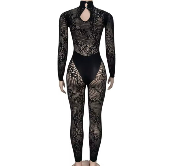 Women Sexy Black Full Sleeve Lace Mesh Jumpsuit