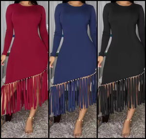 Women Sexy Solid Color Full Sleeve Fringe Tassel Dress