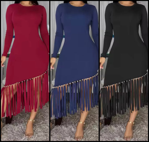 Women Sexy Solid Color Full Sleeve Fringe Tassel Dress