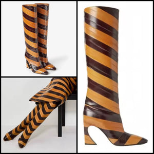 Women Fashion Color Patchwork Striped Knee High Boots