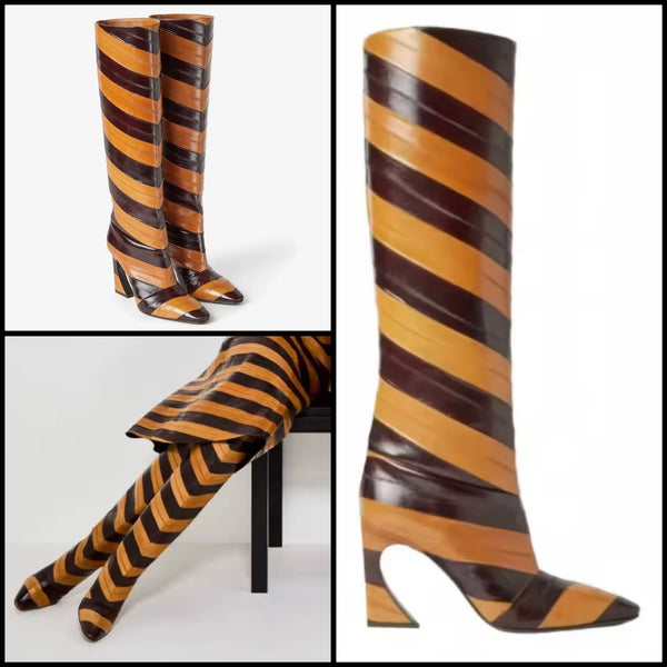 Women Fashion Color Patchwork Striped Knee High Boots