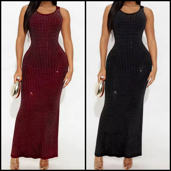 Women Sexy Sleeveless Bling Solid Color Maxi Dress
