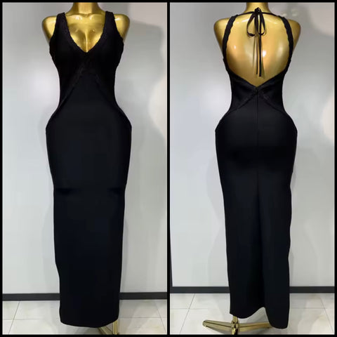 Women Sexy Ruffled Sleeveless Black Open Back Maxi Dress