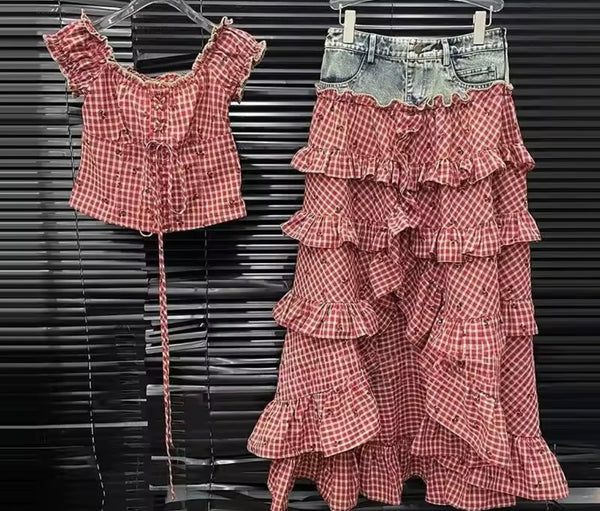 Women Red Plaid Denim Patchwork Two Piece Maxi Skirt Set