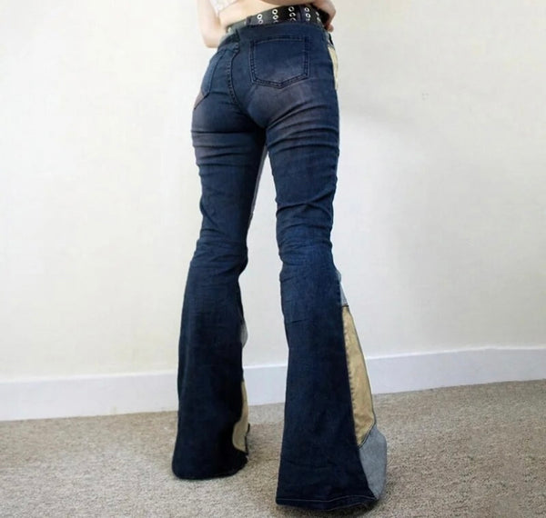 Women Fashion Color Patchwork Boot Cut Denim Pants