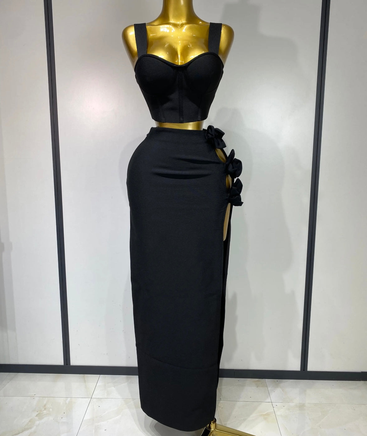 Women Sexy Sleeveless Crop Side Split 3D Floral Two Piece Maxi Skirt Set