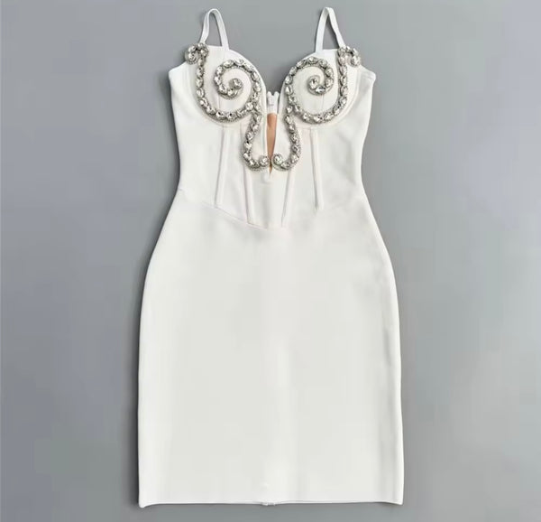 Women White Sexy Sleeveless Rhinestone Bandage Dress