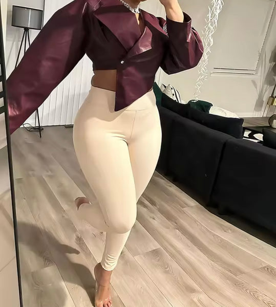 Women Fashion Burgundy PU Leather Button Crop Jacket