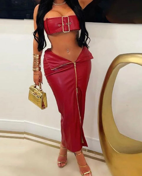 Women Sexy Buckled Strapless Zipper Two Piece Maxi Skirt Set