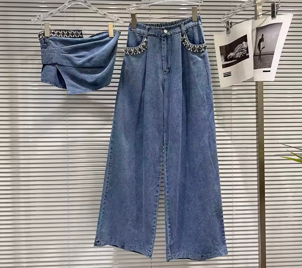 Women Strapless Rhinestone Embellishment Denim Two Piece Pant Set