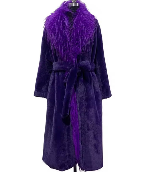 Women Purple Faux Fur Fashion Trench Warm Coat