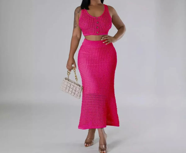 Women Sexy Knitted Sleeveless Two Piece Maxi Skirt Set