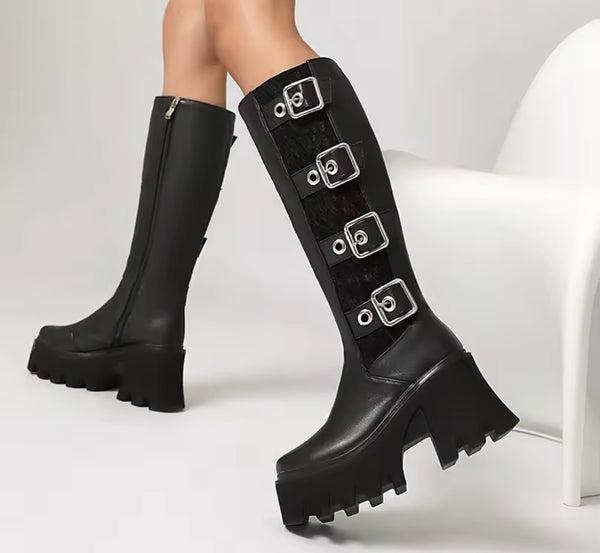 Women Fashion Lace Buckled Platform Knee High Boots