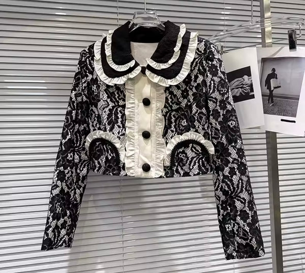 Women B&W Lace Button Up Blazer Two Piece Skirt Set