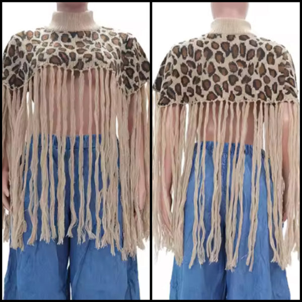 Women Fashion Leopard Print Turtleneck Tassel Top