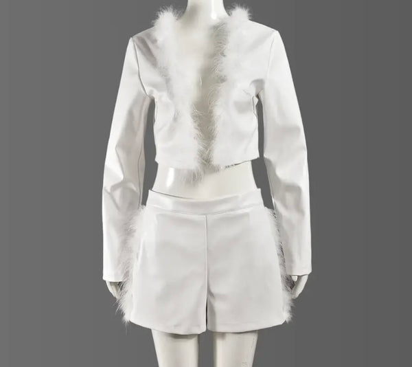 Women White Sexy Fashion Feather Full Sleeve Faux Leather Two Piece Short Set