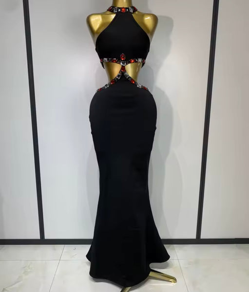 Women Sleeveless Black Color Crystal Sexy Cut Out Maxi Dress