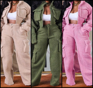 Women Fashion Teddy Two Piece Jacket Cargo Pant Set