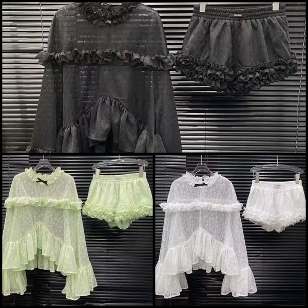 Women Ruffled Lace Full Sleeve Two Piece Short Set