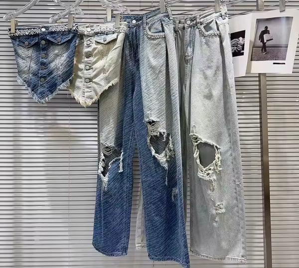 Women Rhinestone Button Up Crop Two Piece Ripped Denim Pant Set