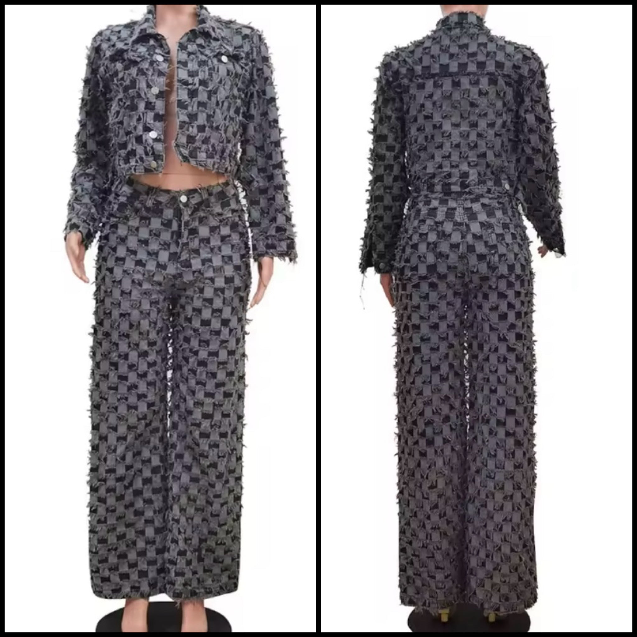 Women Gray Fashion Denim Jacket Two Piece Pant Set