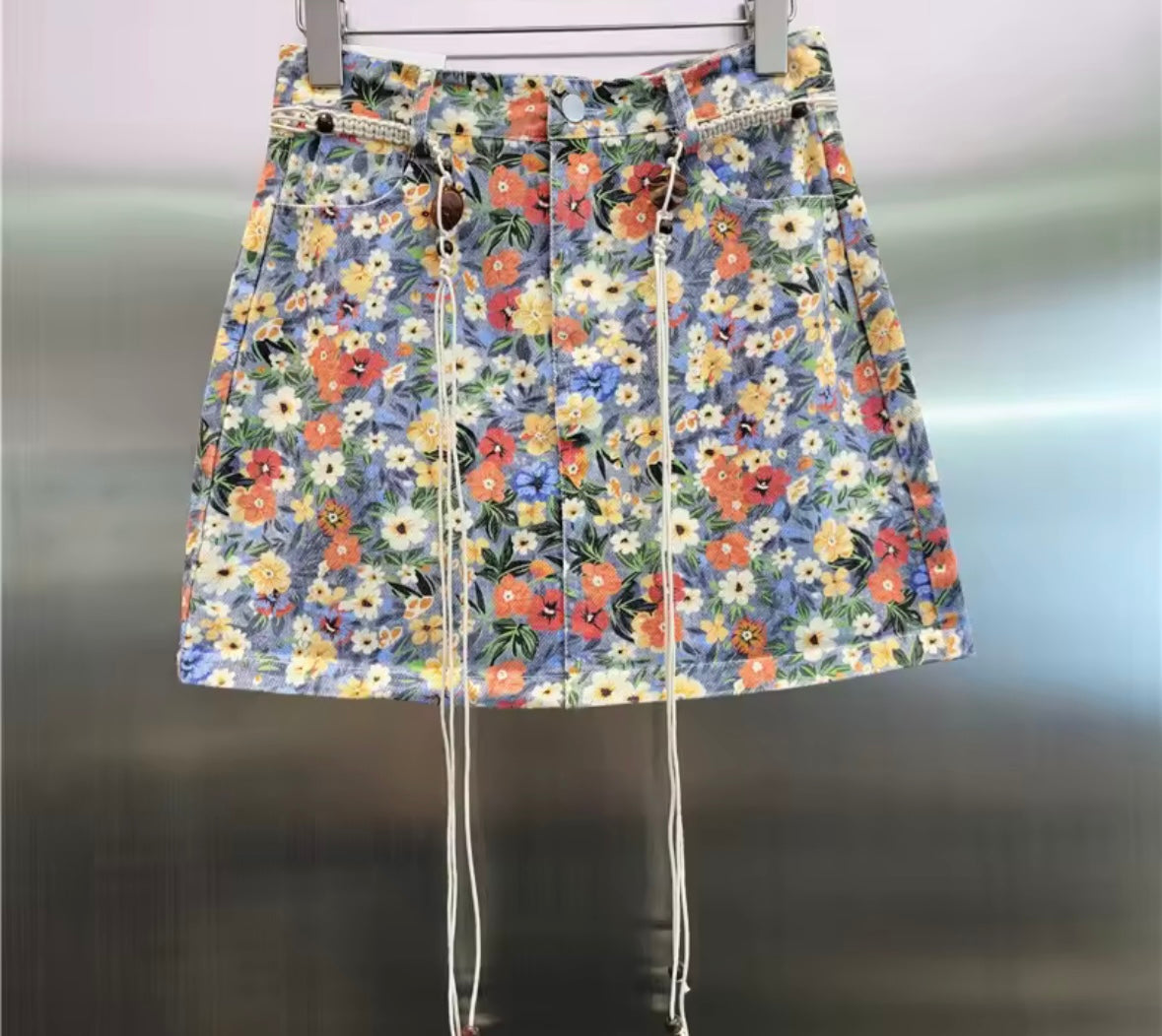 Women Sexy Fashion Floral Belted Denim Skirt