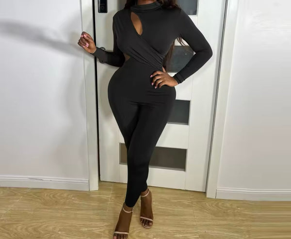 Women Sexy Solid Color Cut Out Full Sleeve Jumpsuit