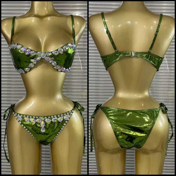 Women Sexy Shiny Rhinestone Green Bikini Swimsuit