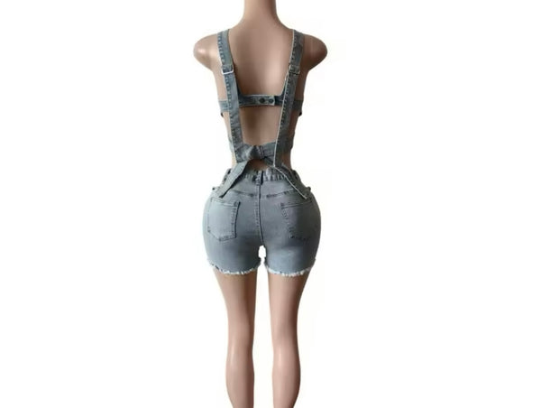 Women Sleeveless Cut Out Ripped Denim Two Piece Short Set