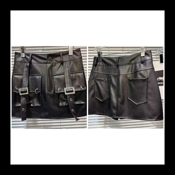 Women Sexy Fashion Black Buckled Faux Leather Skirt