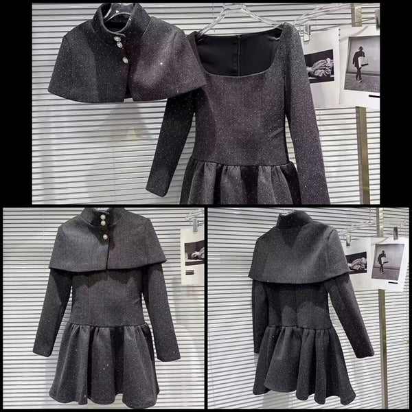 Women Gray Rhinestone Fashion Two Piece Shawl Dress Set