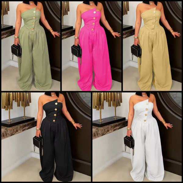 Women Sexy Fashion Button Strapless Wide Leg Jumpsuit