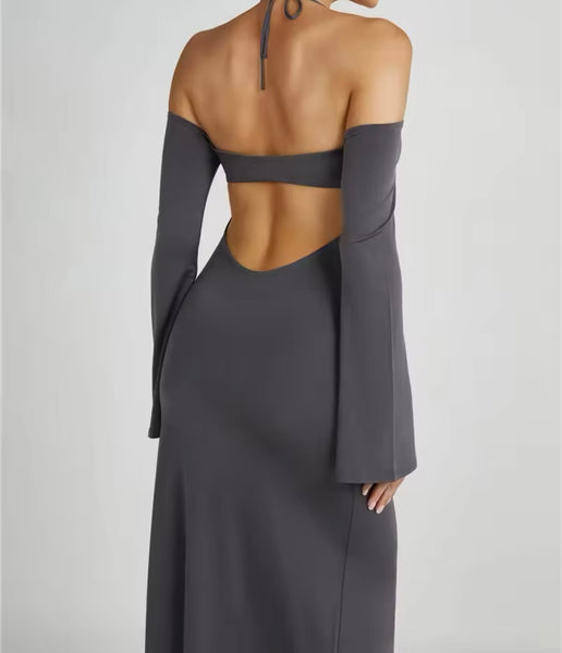 Women Sexy Gray Off The Shoulder Open Back Maxi Dress