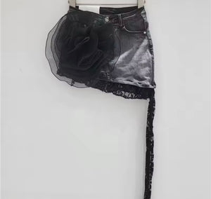 Women Fashion 3D Floral Lace Patchwork Denim Skirt