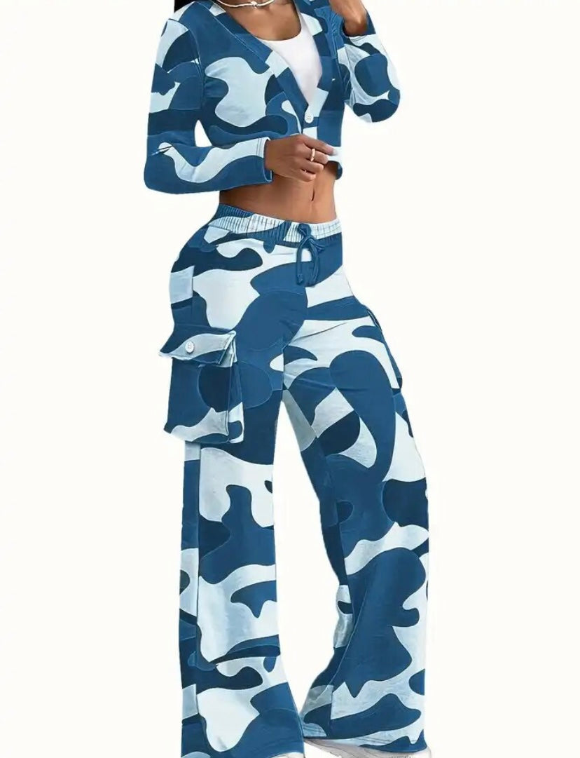 Women Color Camouflage Fashion Tracksuit Two Piece Pant Set