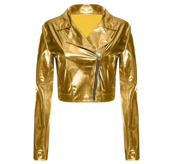 Women Fashion Color Zip Up Metallic PU Jacket