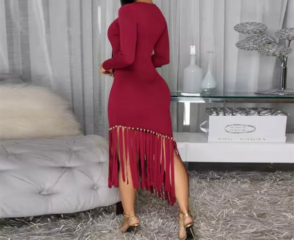 Women Sexy Solid Color Full Sleeve Fringe Tassel Dress
