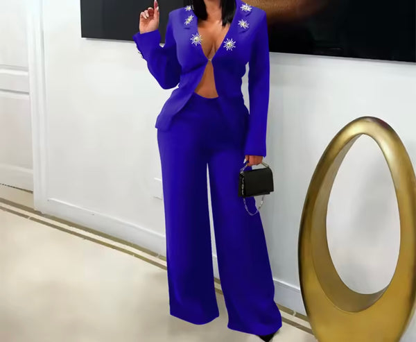 Women Sexy Color Full Sleeve Blazer Two Piece Pant Set